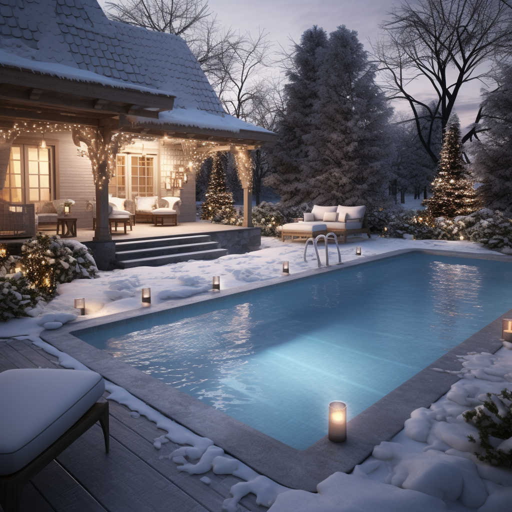 Winter backyard pool scene.